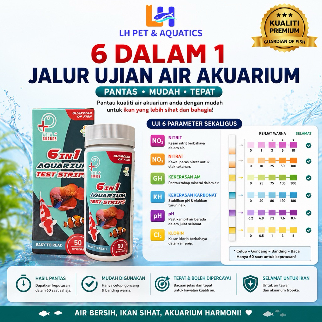 Aqua Guards 6 in 1 Aquarium Test Strips 50pcs Fish Tank Water Test Kit pH NO2 NO3 GH KH Cl2