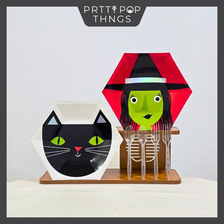 SIMPLE Party Set 8 Pax Green Witch Plate 8" Black Cat Plate 8" Fork Spoon Halloween ที่ PrettyPopThi