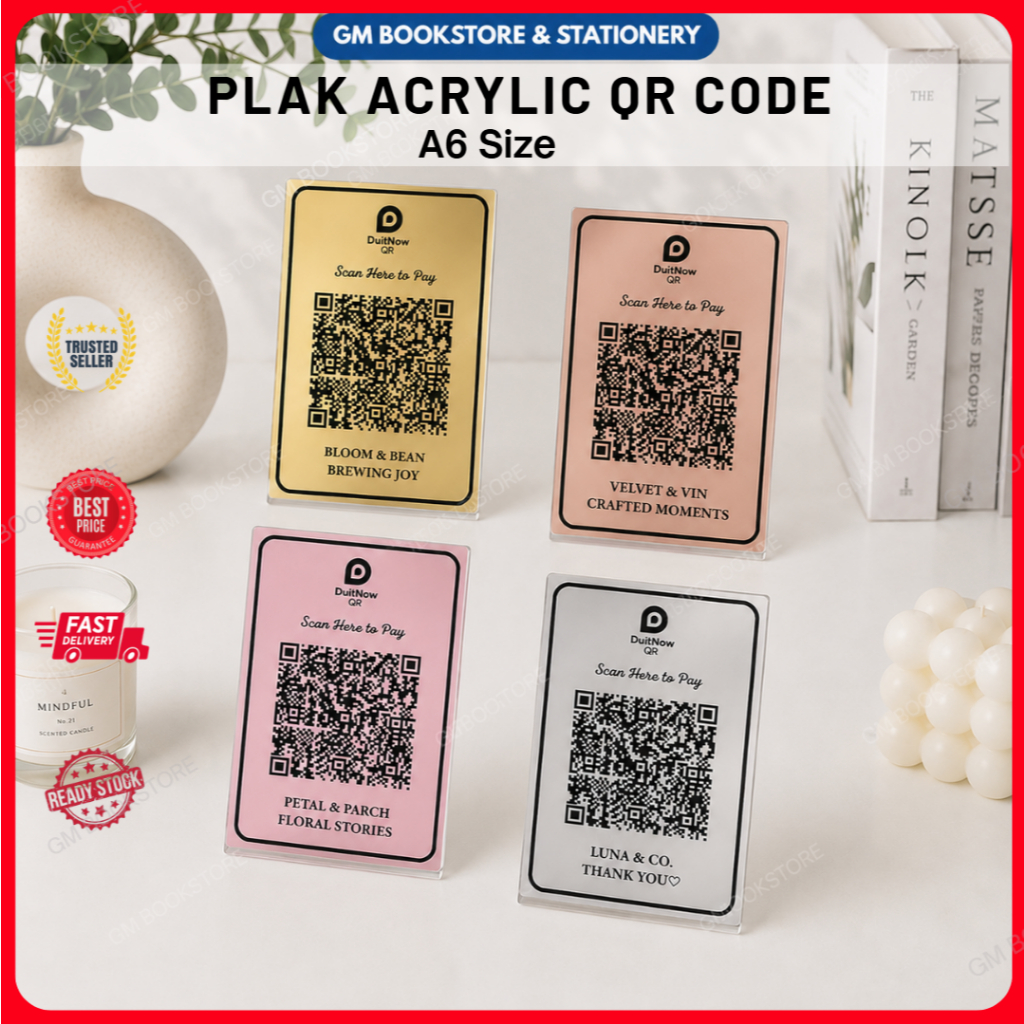 PLAK ACRYLIC QR CODE ENGRAVE MIRROR A6 / PAPAN TANDA A6 QR CODE / ACRYLIC PLAQUE QR PAY A6