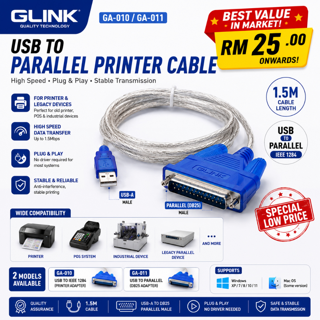 GLINK GA-010 / GA-011 สายเครื่องพิมพ์ USB เป็น Parallel 1.5M IEEE 1284 อะแดปเตอร์