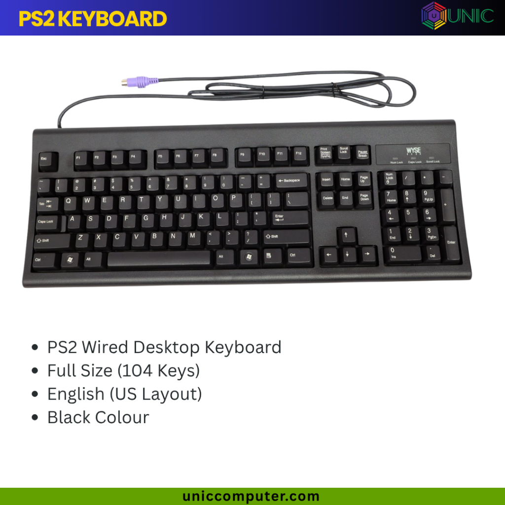 Wyse KB-3923 คีย์บอร์ดตั้งโต๊ะ PS2 แบบมีสาย | ขนาดเต็ม 104 คีย์ | แป้นพิมพ์ธุรกิจ OEM | สีดํา