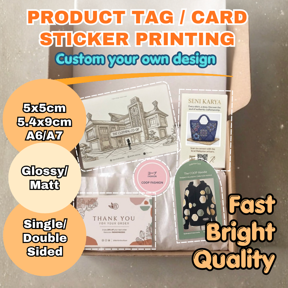 Product Tag Card Printing Label Customise Brand Sticker Clothes Single/Double Sided Glossy/Matt 5x5/