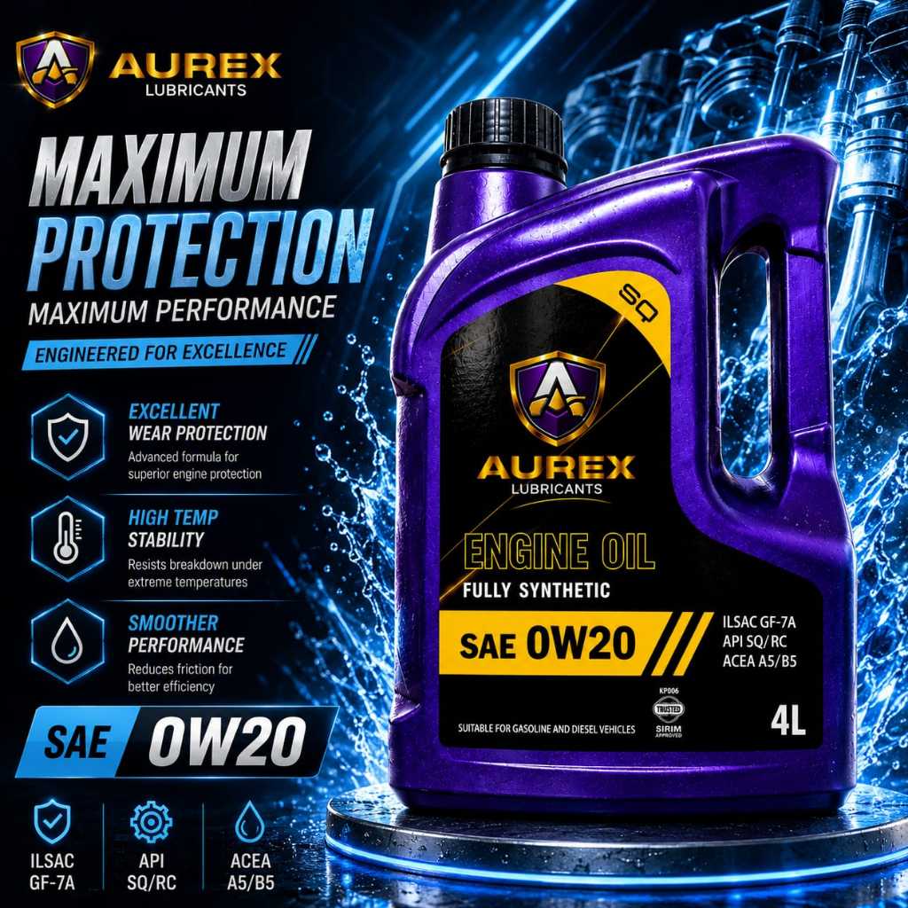 AUREX 0W20 (4 ลิตร) น้ํามันเครื่องสังเคราะห์แท้ API SQ GF-7A -Proton, Perodua, Honda, Nissan, Toyota