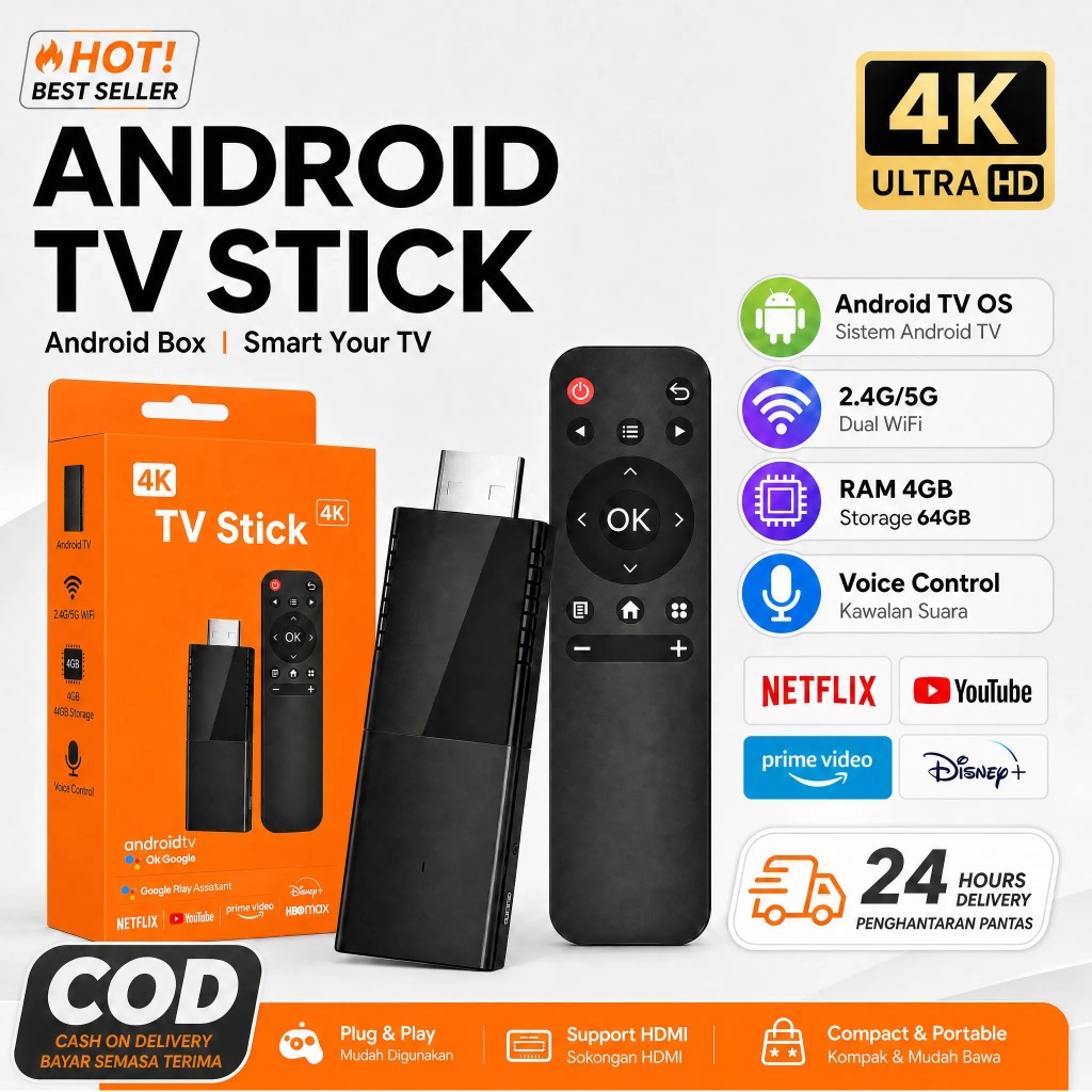 M98 TV Stick 4K Android สมาร์ททีวี Dongle YouTube Netflix WiFi 2.4G/5G Penukar TV Pintar