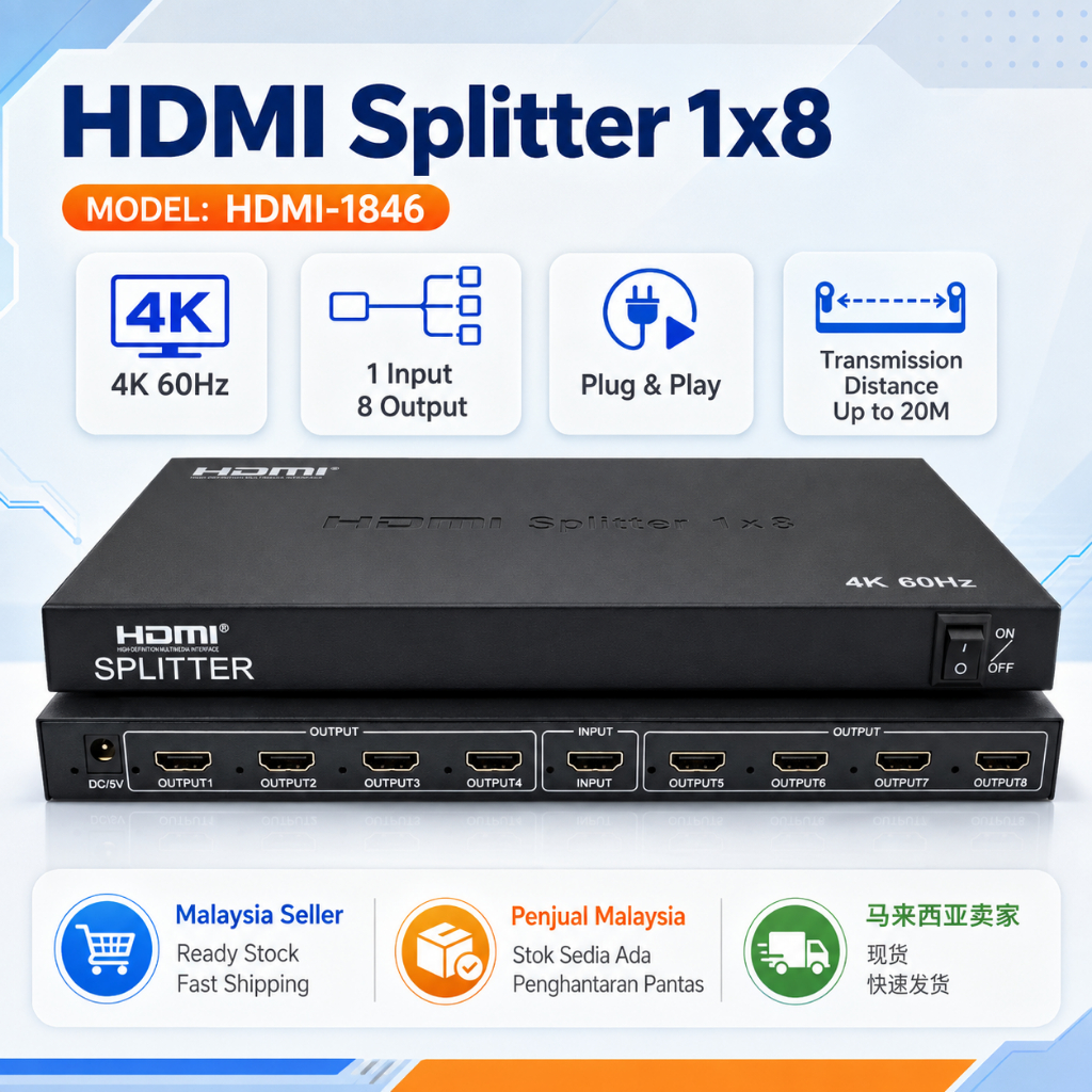 HDMI Splitter 1x8 4K 60Hz HDMI Distribution Amplifier 1 Input 8 Output Splitter รุ่น HDMI-1846