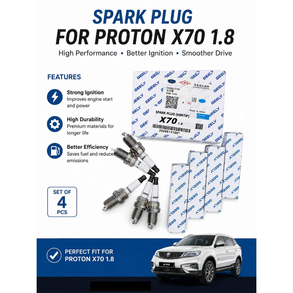GEELY SPARK PLUG 2036513100 PROTON X70 1.8 K8RTIP 1 ชุด = 4 ชิ้น