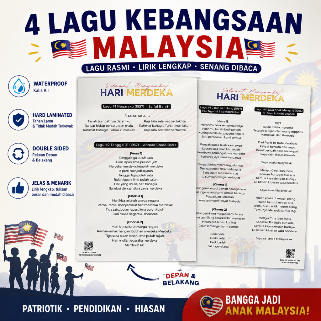 โปสเตอร์ Lagu Patriotik A4 4 Lagu Merdeka เคลือบแข็งสองด้านกันน้ํา + QR YouTube