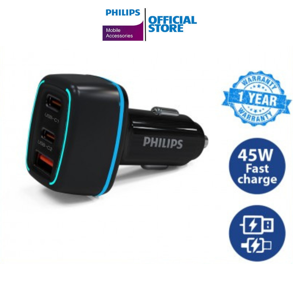 PHILIPS Ultra Fast 3-Port USB C Car Charger PD Type C Power Delivery 65W Quick Charge QC3.0 (DLP2557