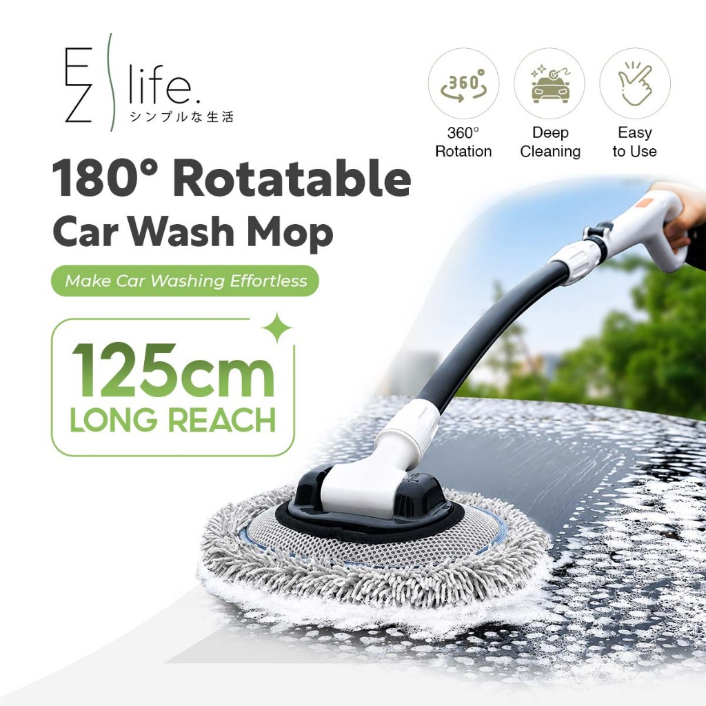 EzLife 125 ซม.180 ไม้ถูพื้นล้างรถแบบหมุนได้แบบพับเก็บได้ tLong Handle ขยาย Chenille แปรงขนนุ่มเครื่อ