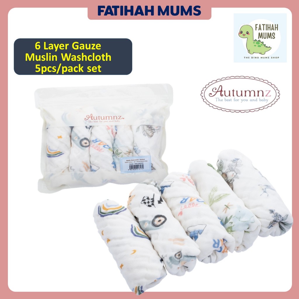 Autumnz Saku Tangan Bayi ผ้าเช็ดหน้ามัสลินผ้าฝ้าย 6 ชั้น (5 ชิ้น/แพ็ค)