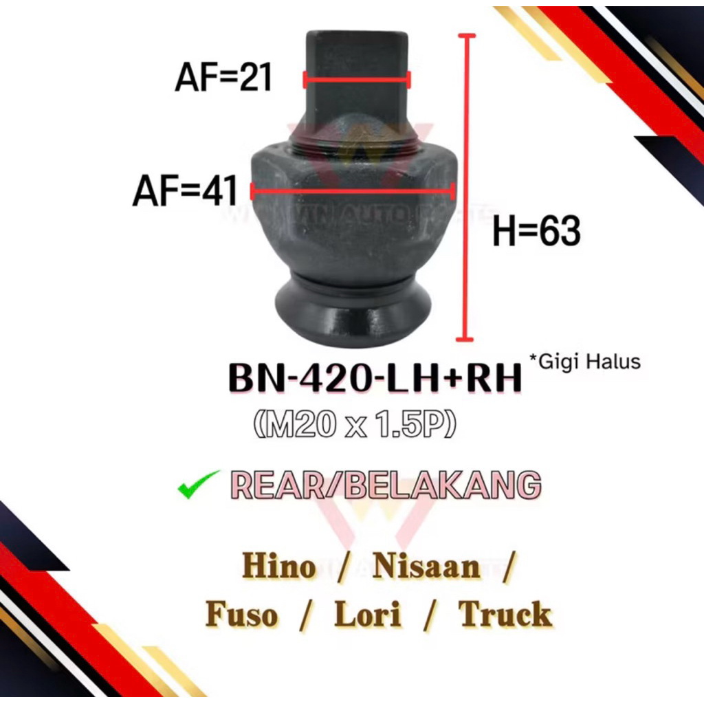 BN-420-LH+RH Hino/ Nissan/ Fuso/ Lori Truck (หลัง/Belakang-20MM x 1.5P) Gigi Halus Hub Bolt Nut