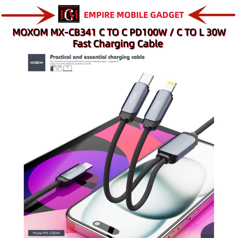 MOXOM MX-CB341 2-IN-1 C TO C PD100W / C TO L 30W FAST CHARGING CABLE - 1.2 เมตร