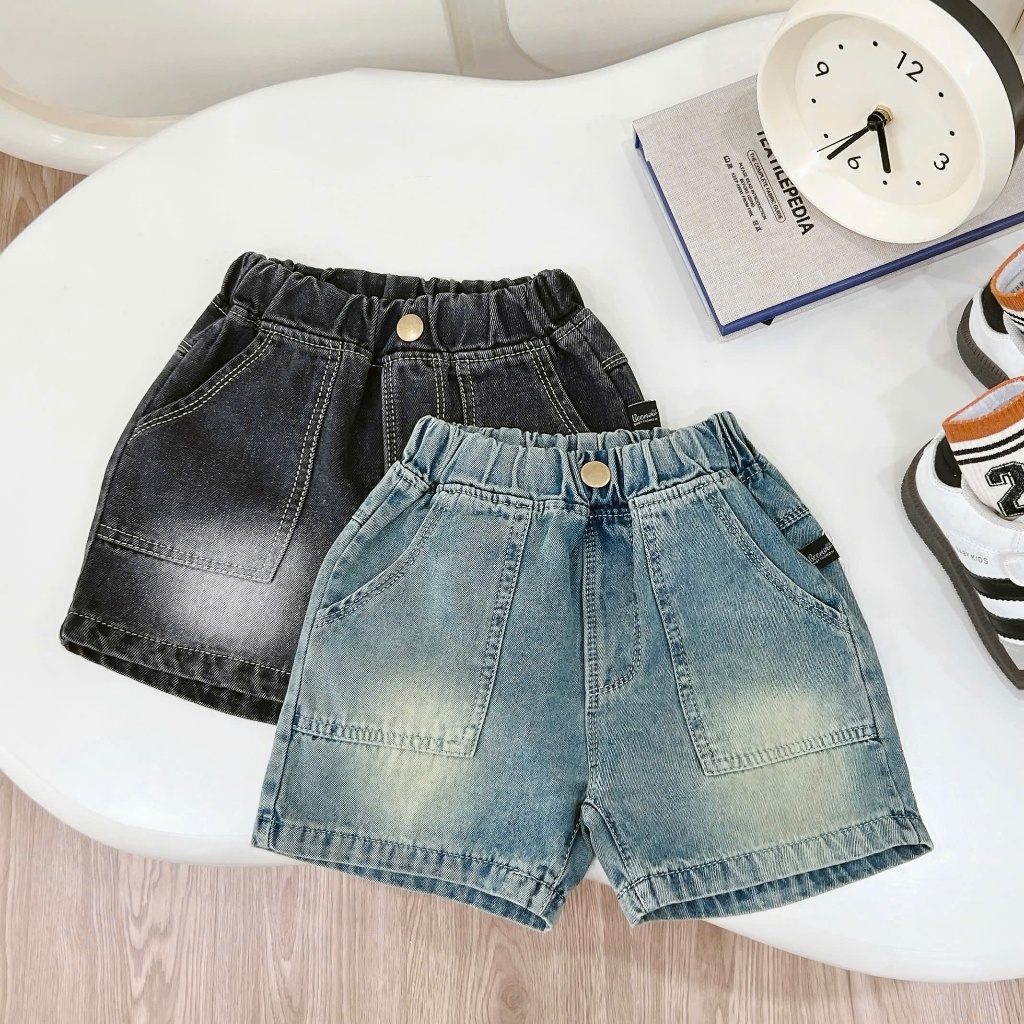 1-7Y Boys Washed Hard Denim Shorts Kids Premium Straight Fit Jeans Seluar Pendek Cotton Denim Budak 