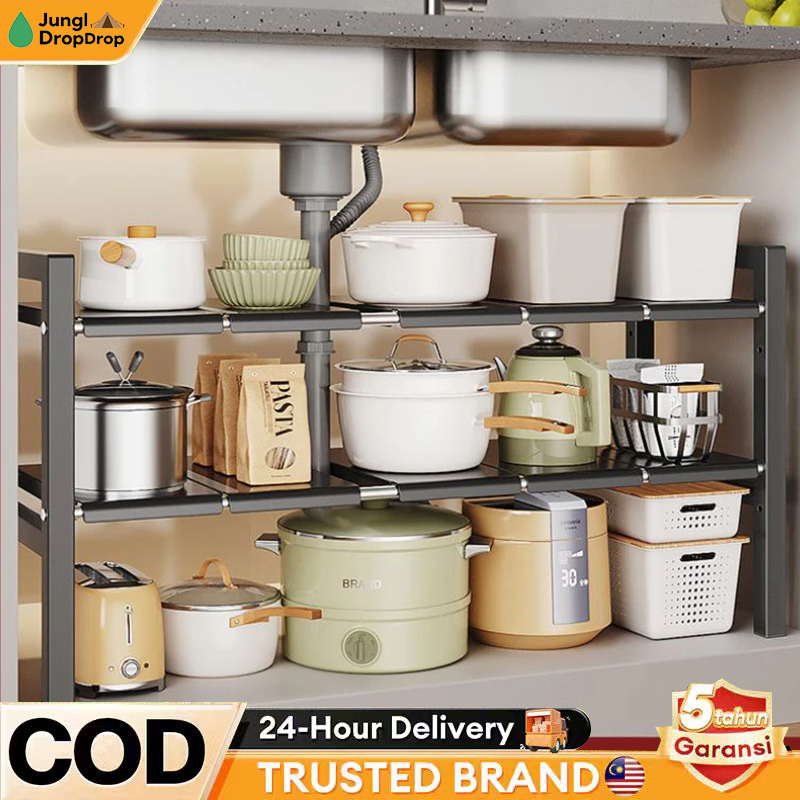 JungleDropStainless Steel Kitchen Rack Under Sink Rak Dapur Kitchen Storage Shelf Racks Rak