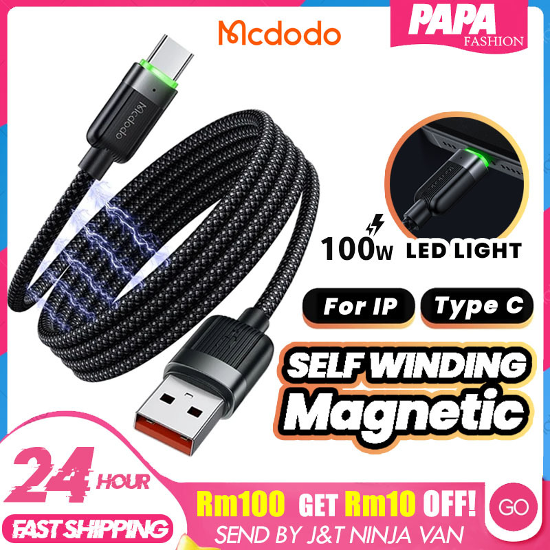 Mcdodo Type C ถึง Type C 100W Fast Charging Self Winding Strong Mangetic USB C Data Cable Macdodo 1.