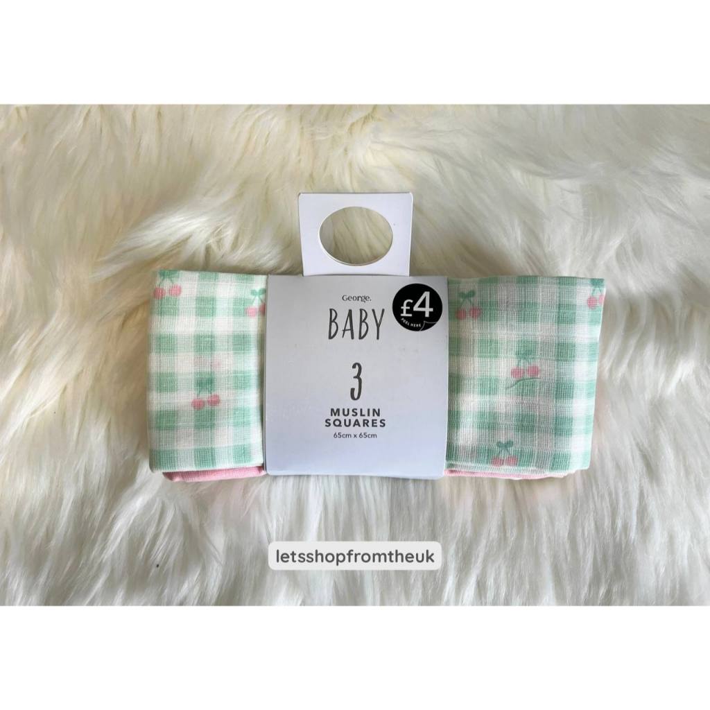 George Pastel Gingham Fruits Muslin Squares 3 Pack (Kids & Baby Wear From The UK)