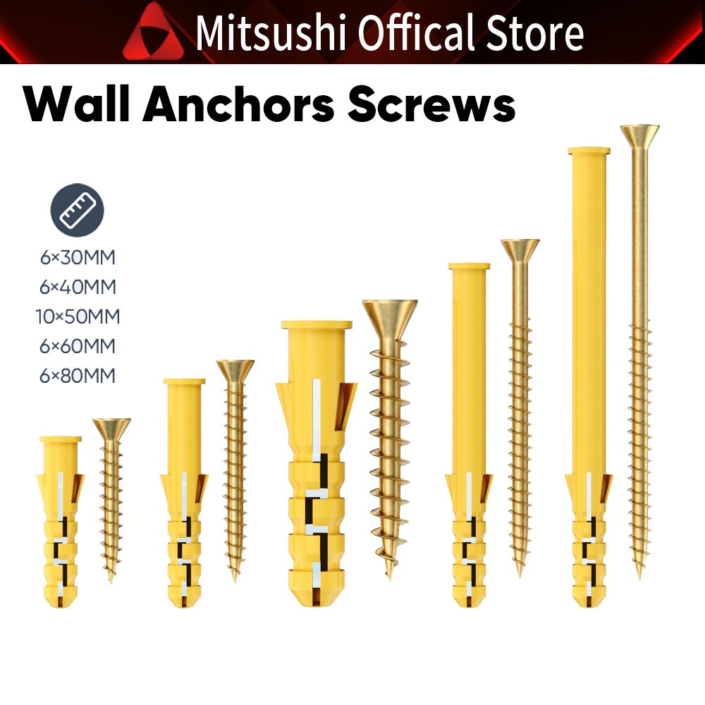 Mitsushi Wall Anchors สกรู Drywall พลาสติก Ribbed ขยาย Anchors Philips หัวแบน Skru ใช้สําหรับผนังคอน
