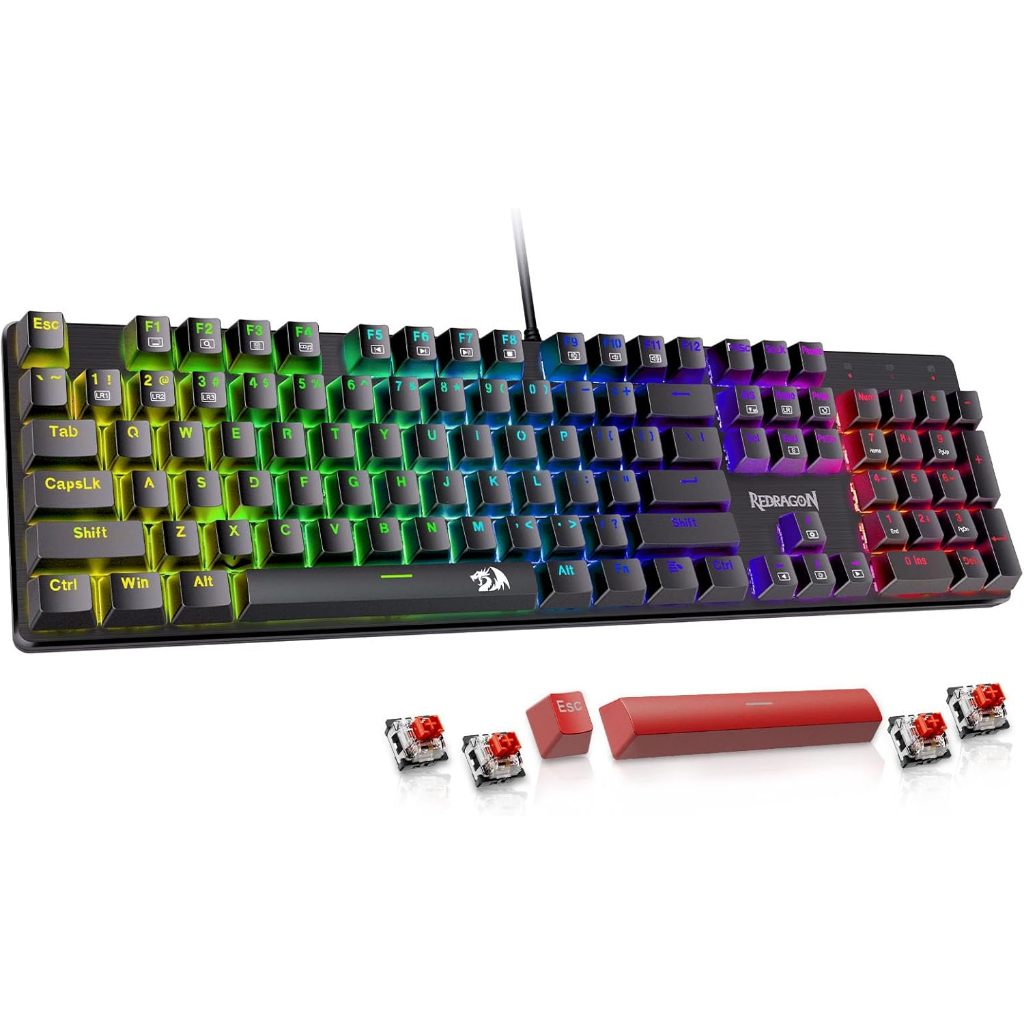 Redragon Mechanical Gaming Keyboard แบบมีสาย, 11 โหมดแบ็คไลท์ตั้งโปรแกรมได้, สวิตช์สีแดงแบบถอดเปลี่ย