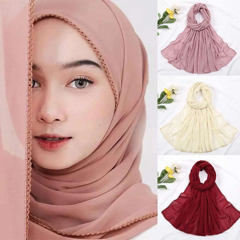 ผ้าพันคอมุสลิม Bowed Head Chiffon Hijab Shawl ผู้หญิง Tudung Plain Lacework Bubble Chiffon Shawl