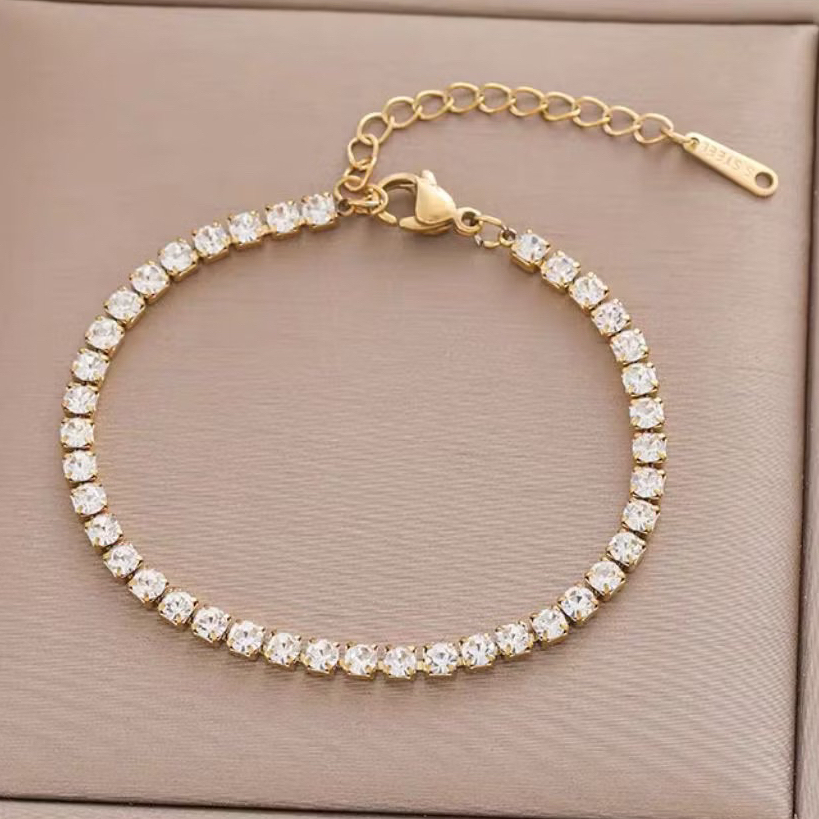GOLD TENNIS BRACELET TITANIUM STEEL DIAMOND JEWELERY GOLDEN GELANG TANGAN ANTI KARAT