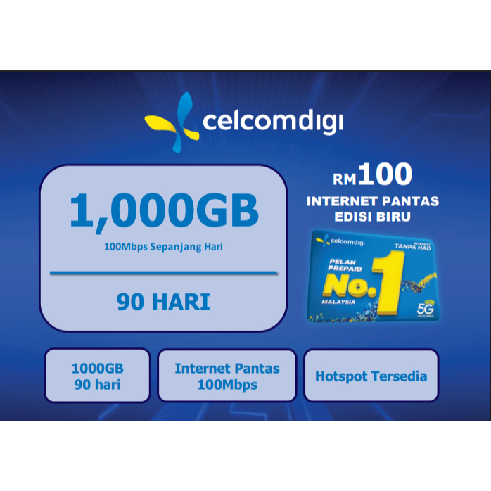 Celcom Digi Prepaid ซิมการ์ด 1,000GB สําหรับการ์ดค่าค่า Prepaid 90 วันพร้อมระยะเวลาการไหล 1,000GB 90 วัน