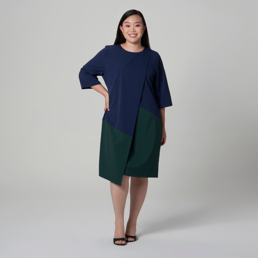 นางสาว READ Colour Block Overlap Dress Size UK12-22 สีเขียวเข้ม MK53214-D