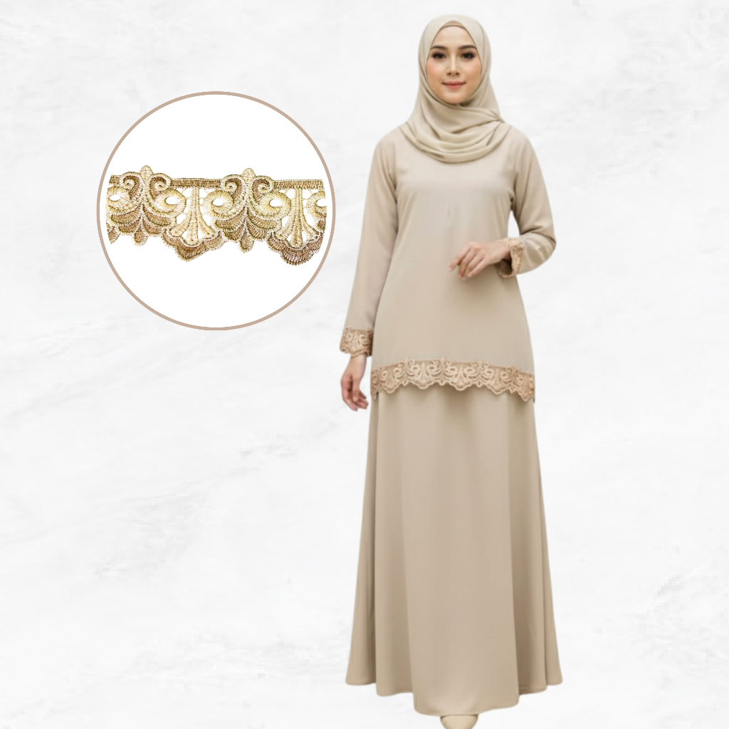 Baju Kurung Raya Lace with Front Zip Fashion Muslimah Como Crepe Material - Melati Lace