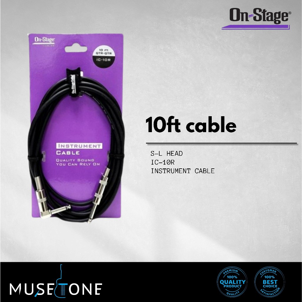 On Stage IC-10R Guitar / Instrument Cable QTR Right Angle-QTR (10ft) Onstage Guitar Cable
