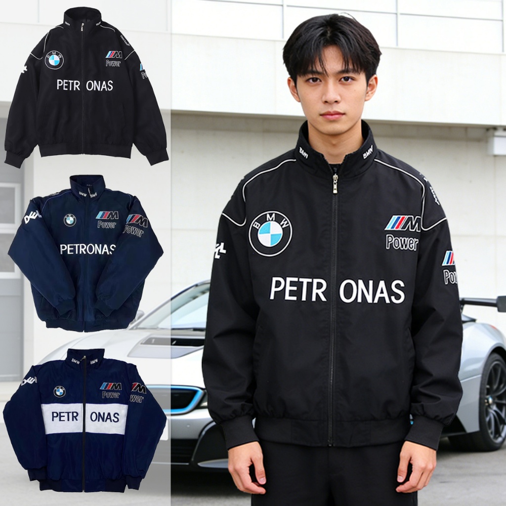 F1 BMW เย็บปักถักร้อยแจ็คเก็ตแข่งผู้ชาย Retro Bomber Jacket มีซิปกีฬาแขนยาว Windbreaker