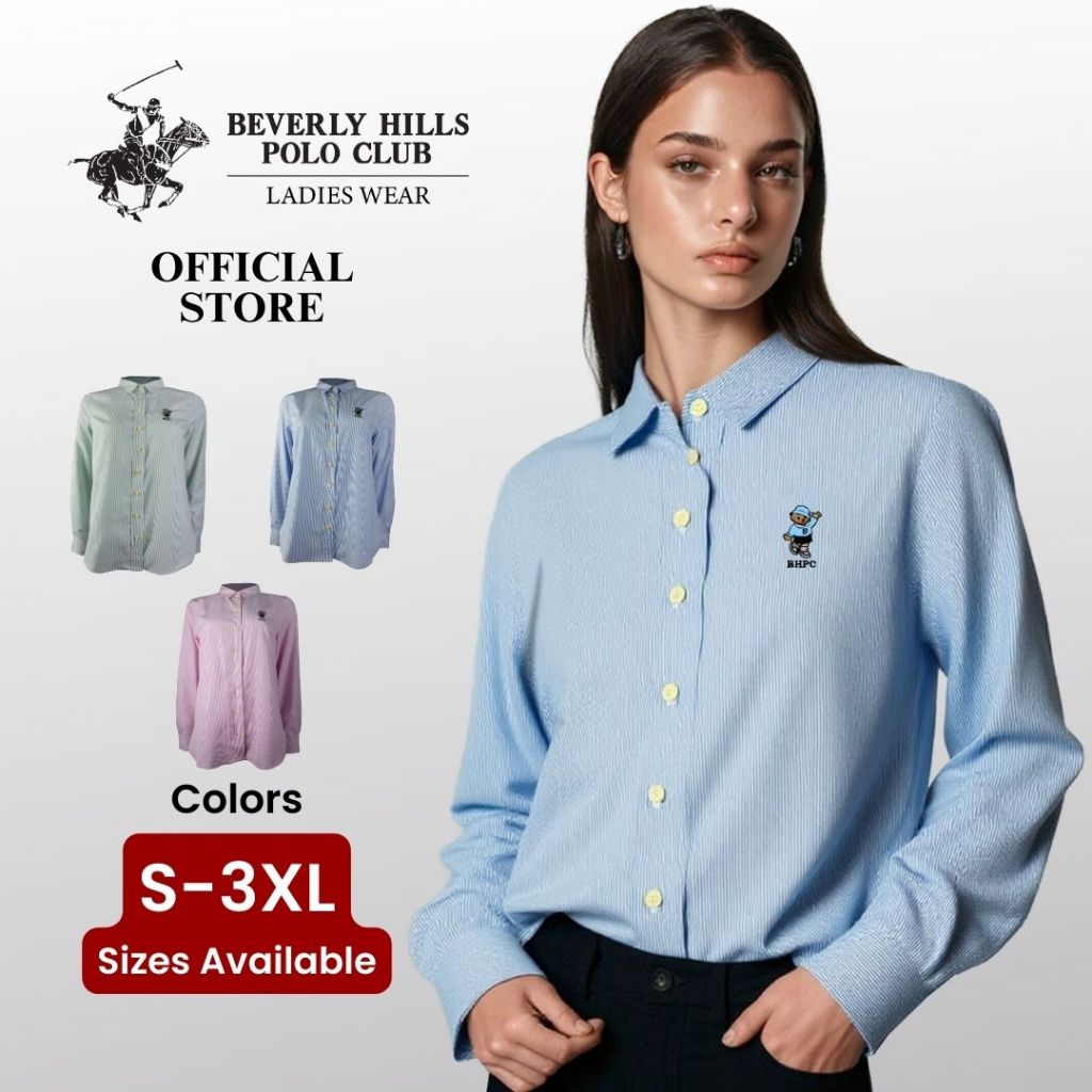 BHPC BHS01344-3 BHPC ผู้หญิงแขนยาวทอแขนยาว | เสื้อเชิ้ตสํานักงานทรงตรงโลโก้หมี S-3XL