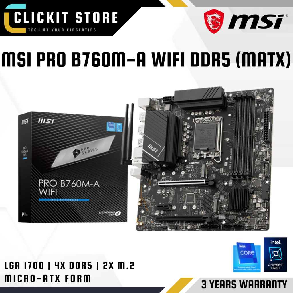 MSI PRO B760M-A DDR5 WiFi (MaTX) เมนบอร์ด/LGA 1700/WIFI 6E/PCIe 4.0 | MB-MSI-PRO-B760M-A