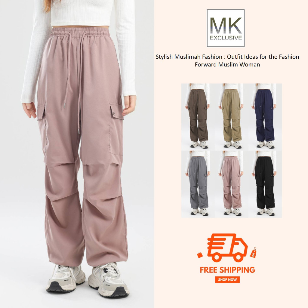 MK EXCLUSIVE Muslimah Cathryn กางเกงคาร์โก้ร่มชูชีพมีเชือกรูดเอวสูงหลายกระเป๋า Seluar Perempuan Carg