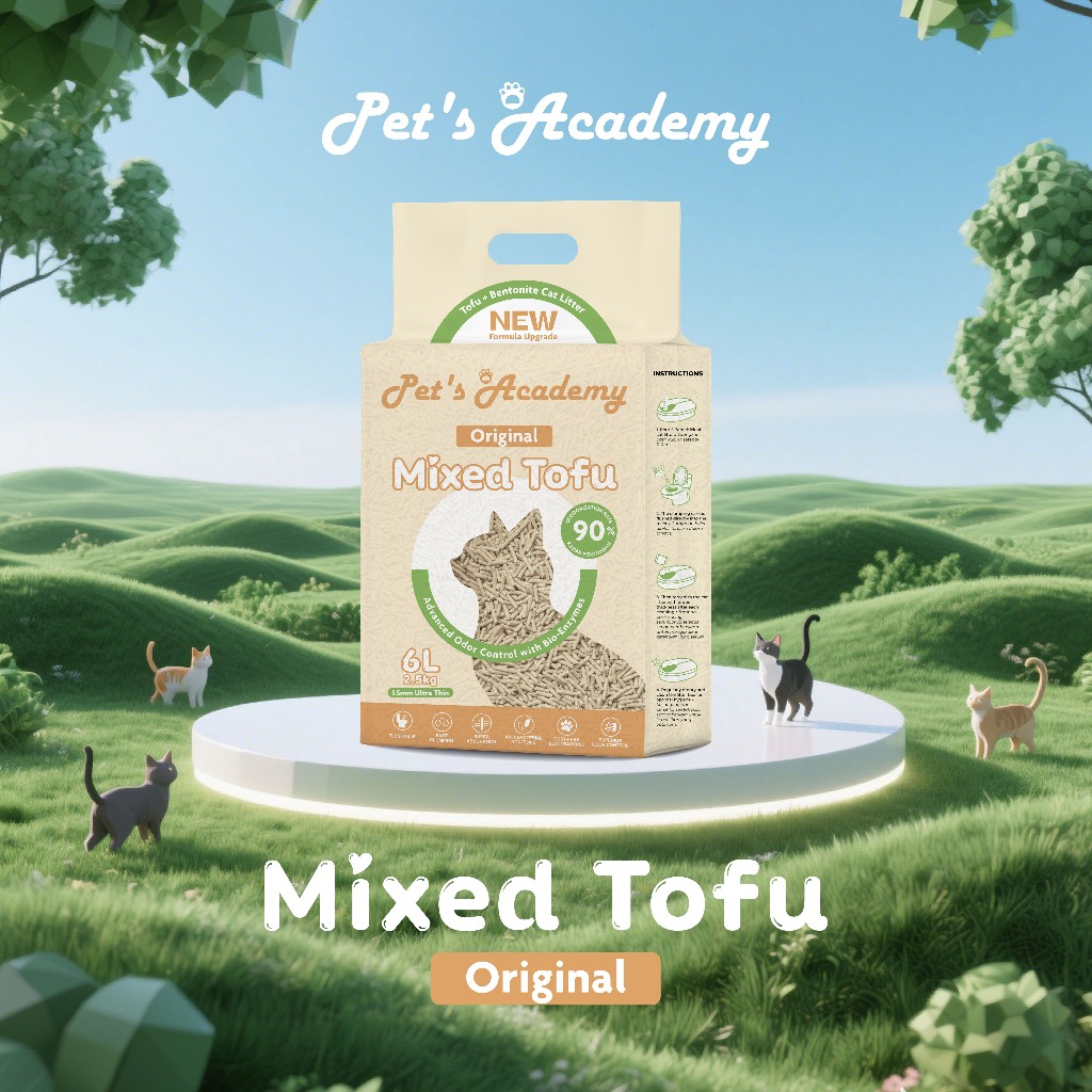 PETS ACADEMY เต้าหู้ผสมและทรายแมวเบนโทไนท์ (นม) 6L 2.5กก. ฟลัชชิ่ง, 1.5มม. บางเฉียบ Pisir Kucing