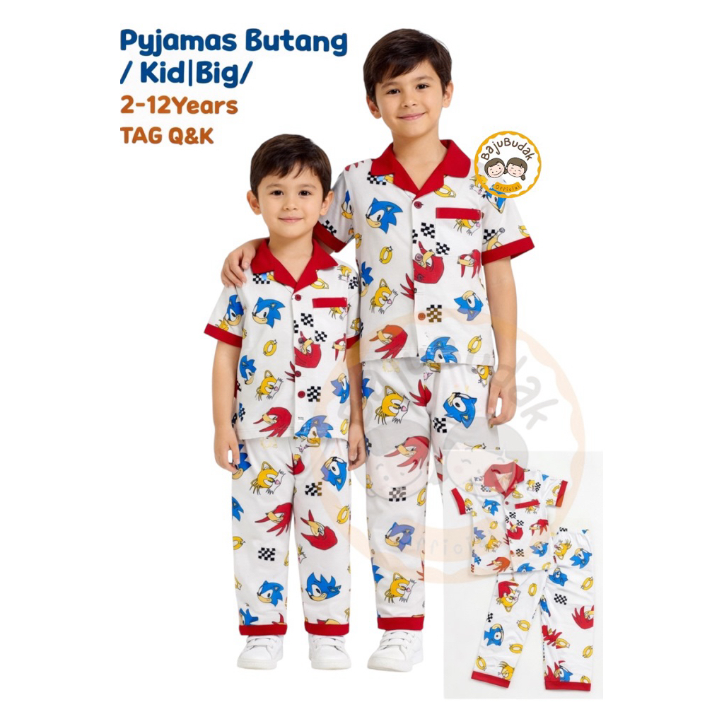 2Y-12Y ️Q&K ️SONIC,TAILS&KNUCLES ️PYJAMAS BUTANG KEMEJA BIG KIDS COTTON BOY SHORT SLEEVE BUTTON LONG