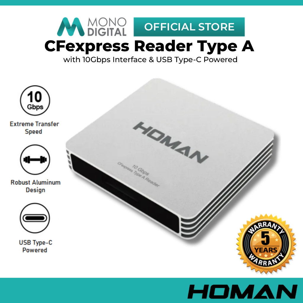 HOMAN CFEXPRESS READER TYPE A CARD READER พร้อมพลัง USB TYPE-C, ความเร็วสูงสุด 10GBPS TRANSFER, อักษ