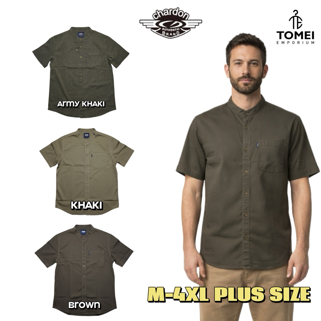 Chardon เสื้อเชิ้ตคอจีนผู้ชายแท้ [M-4XL Plus Size] Kemeja Lelaki Cek Musang CDW4340 Khaki Coffe Brow
