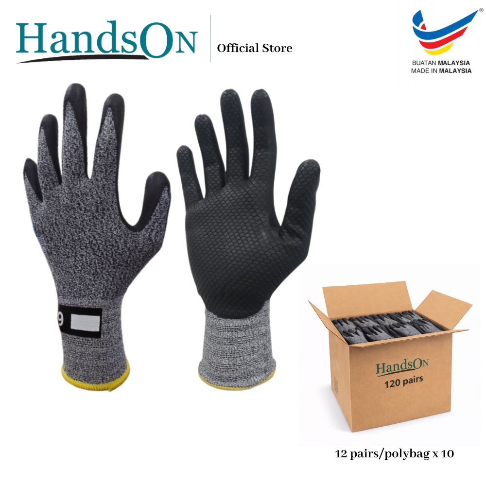 HandsON ถุงมือทํางานไนไตรล์ | หนึ่งกล่อง 120 คู่ | ไหมพรมหนาขึ้น| EN388