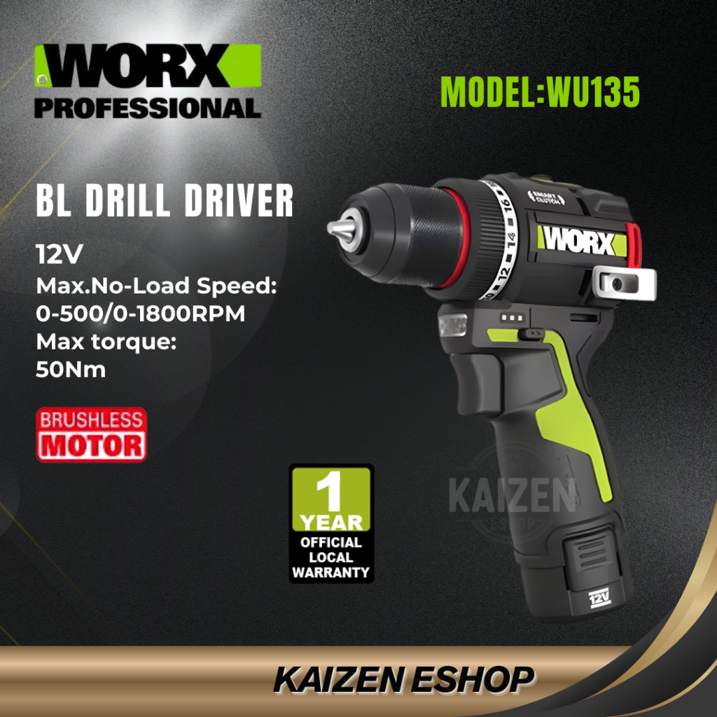 WORX WU135 12V ไดร์เวอร์สว่านไร้แปรงถ่าน 10 มม