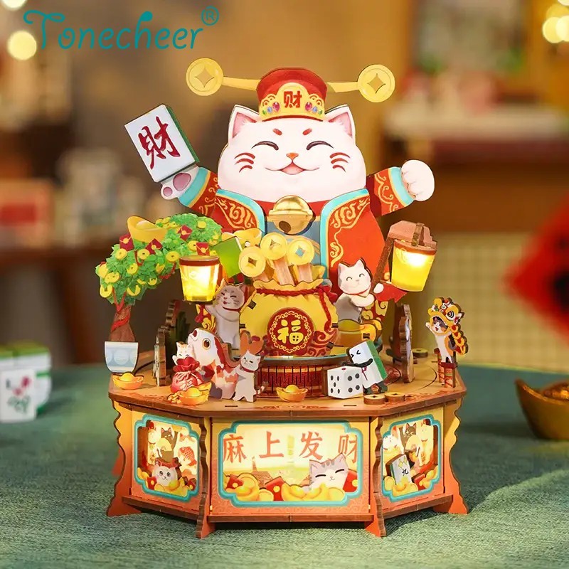 Tonecheer หนังสือปริศนาไม้ 3 มิติ Nook Birthday Lucky Cat TQ953