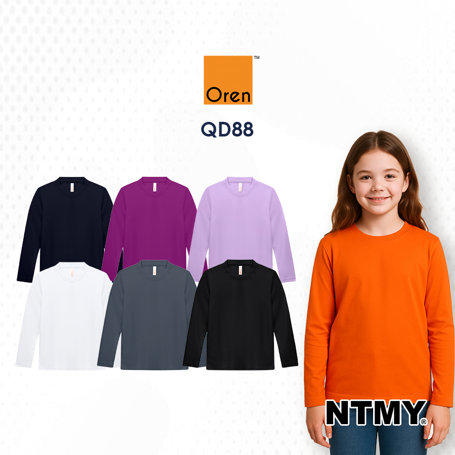 QD88 Oren Sport Kids Microfibre ตาไก่รอบคอเสื้อยืดแขนยาว 100% Microfibre NTMY 3