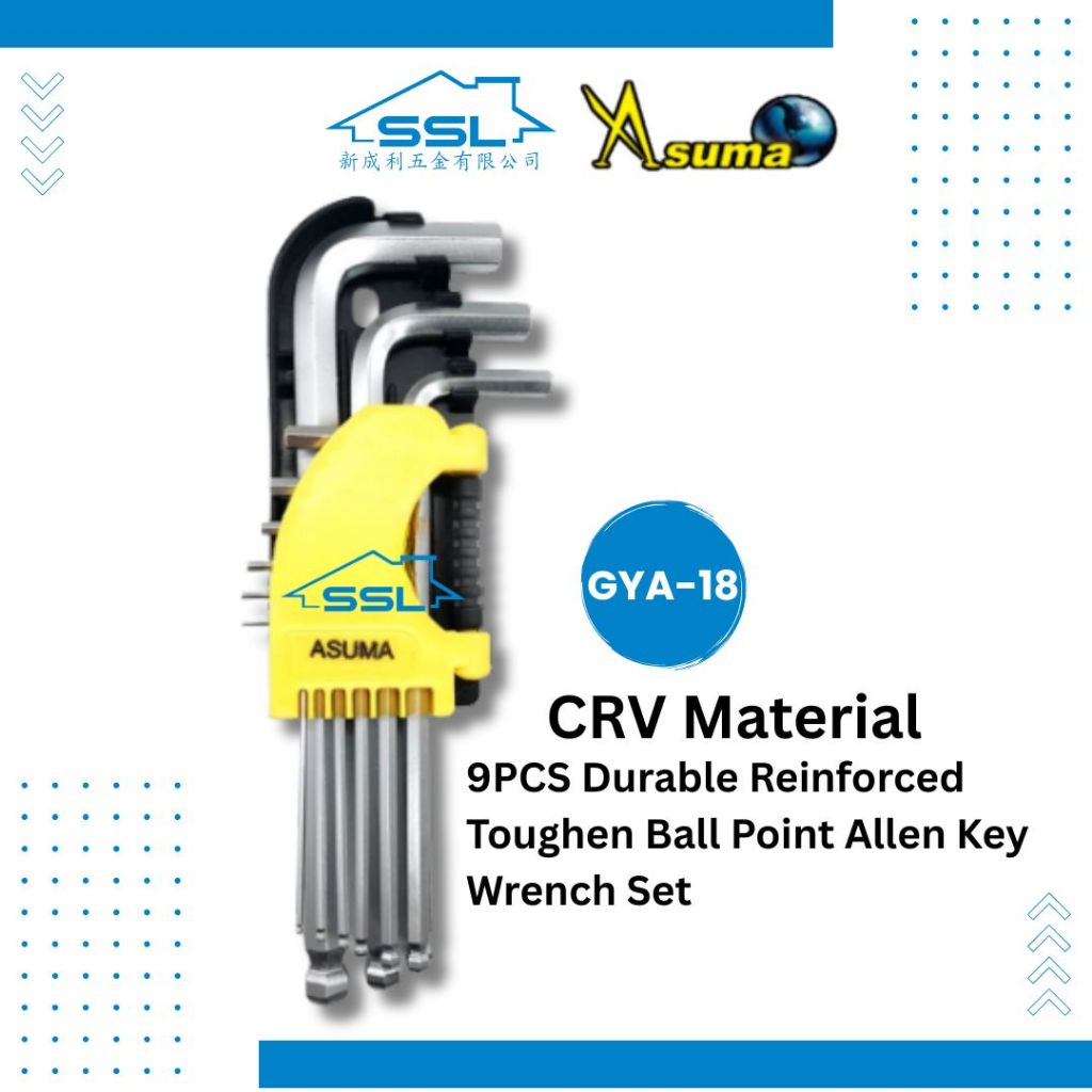 [ASUMA 9PCS Ball Point Allen Key Set]CRV Heavy Duty Hex Key ประแจเมตริก Allen Key ชุดเครื่องมือทนทาน