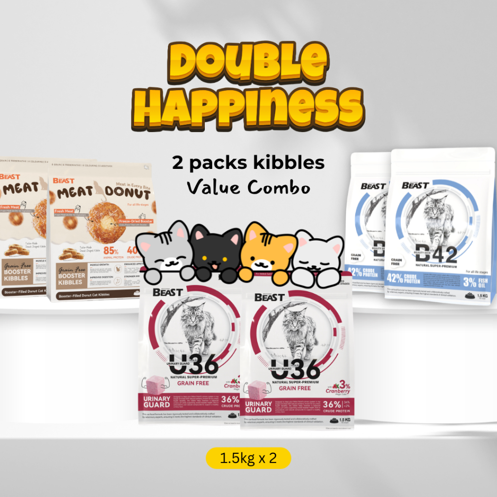 [2 แพ็ค] BEAST DOUBLE HAPPINESS CAT DRY FOOD COMBO - 2x B42 1.5กก. / โดนัทเนื้อ 1.5กก. / U36 1.5กก.