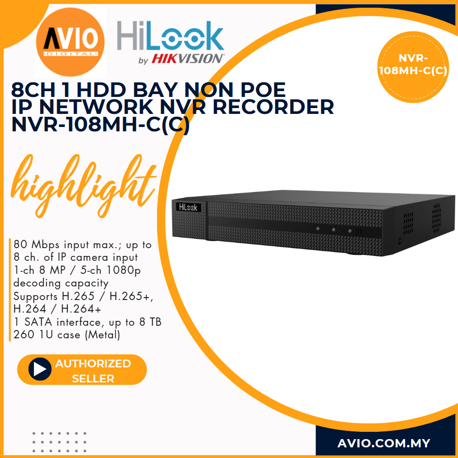 Hilook Hikvision 8ch 8 Channel 5MP / 8MP 4K Lite IP Network CCTV NVR Recorder 80Mbps NVR-108MH-C(C)