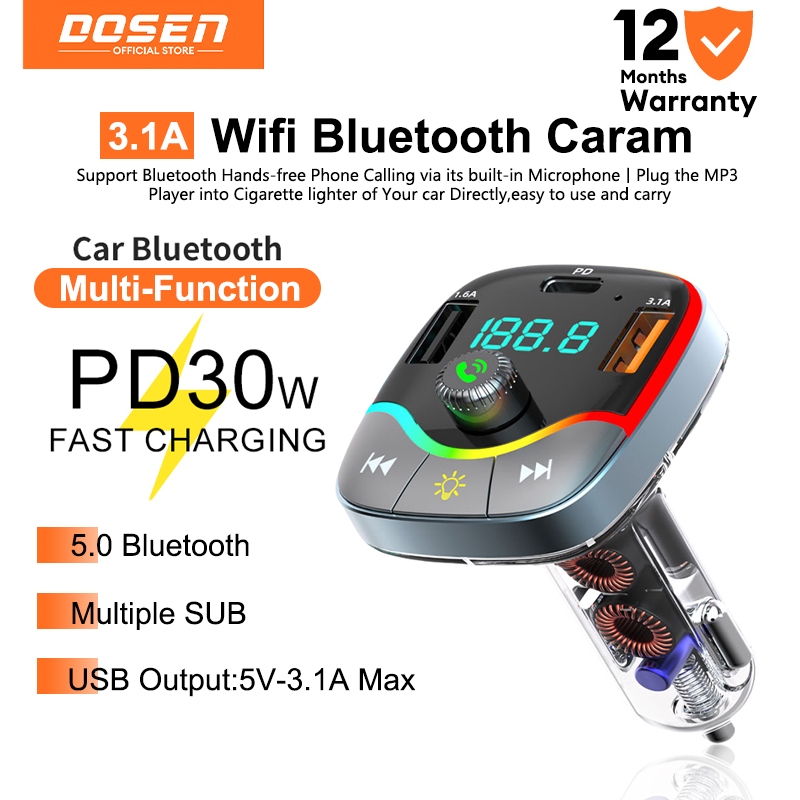 DOSEN Quick Charge 3.0 ที่ชาร์จแบตในรถพร้อมเครื่องส่งสัญญาณ FM Bluetooth 5.0 แฮนด์ฟรี FM Modulator