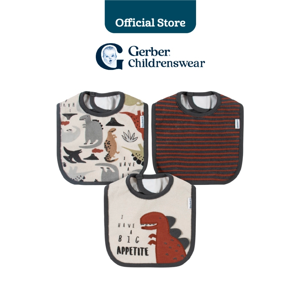 Gerber 3-Pack Boys Dino Bibs/ผ้ากันเปื้อนเด็กผู้ชายลายไดโนเสาร์ Gerber แบบ 3 ชิ้น