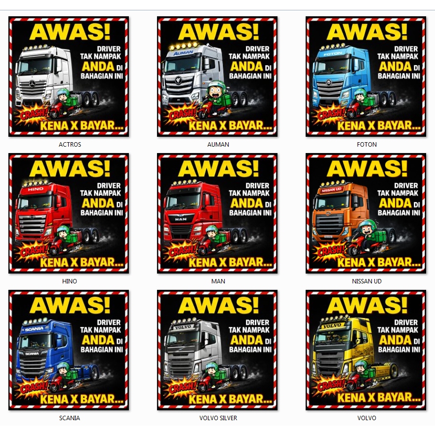 มากมาย!!! สติ๊กเกอร์ BLIND SPOT UNTUK LORI SCANIA VOLVO HISSAN ACTROS MAN FOTON AUMAN HINO DAF SINOT