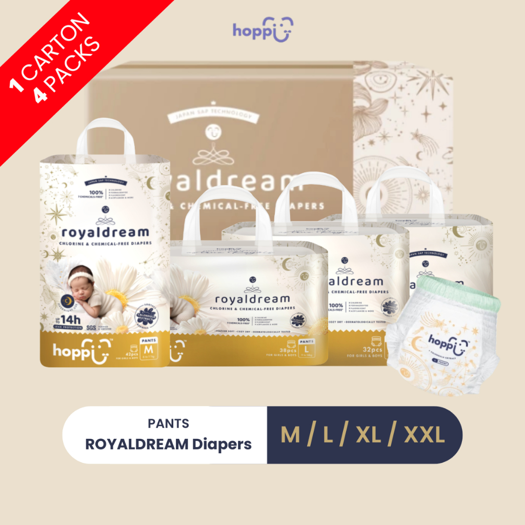 [Carton] HOPPI Royal Dream Diapers - กางเกง  4 (M44s / L38s / XL32s / XXL28s)