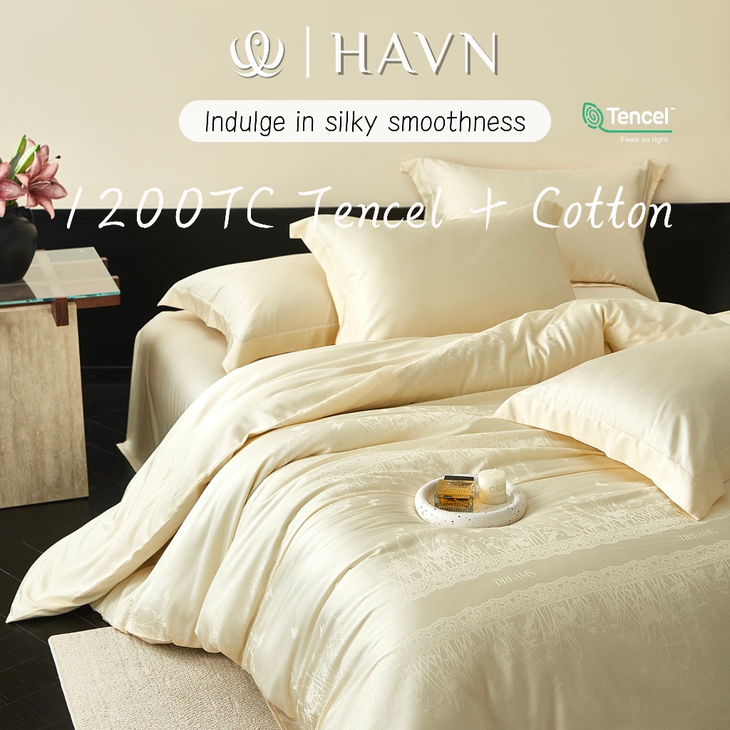 HAVN ชุดเครื่องนอน 4 in 1 1200TC ชุดผ้าปูที่นอน 65%tencel lyocell+ผ้าฝ้าย 35% (Queen/King) ปลอกหมอนผ