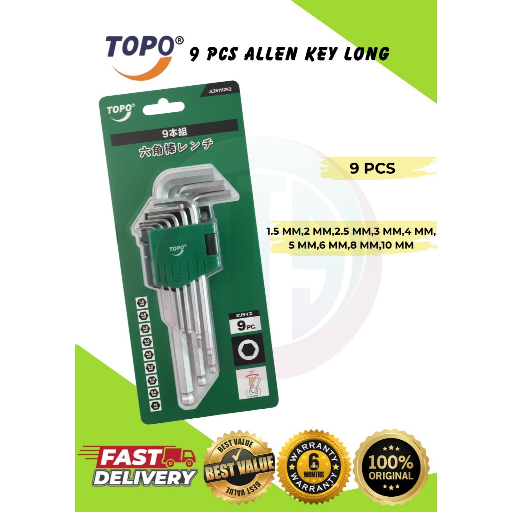 ชุด Kunci Allen Key Allen Key Hex Ball Point 9 ชิ้นยาวพิเศษ/Matte Chrome Kepala Bulat Rata