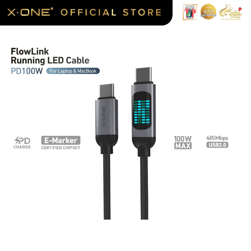 XDOne FlowLink 100W PD3.0 สาย USB-C เป็น USB-C พร้อม Dynamic LED
